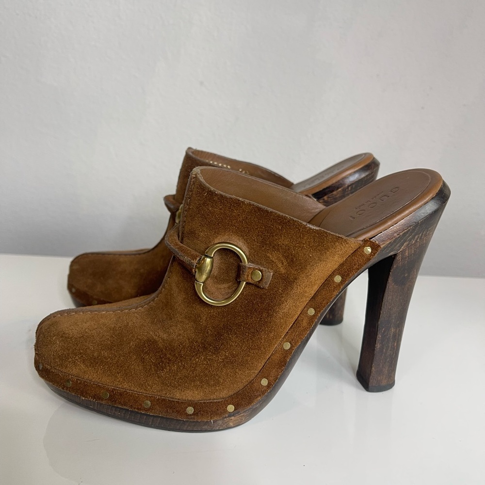 Gucci Brown Suede Studded Heeled Clogs